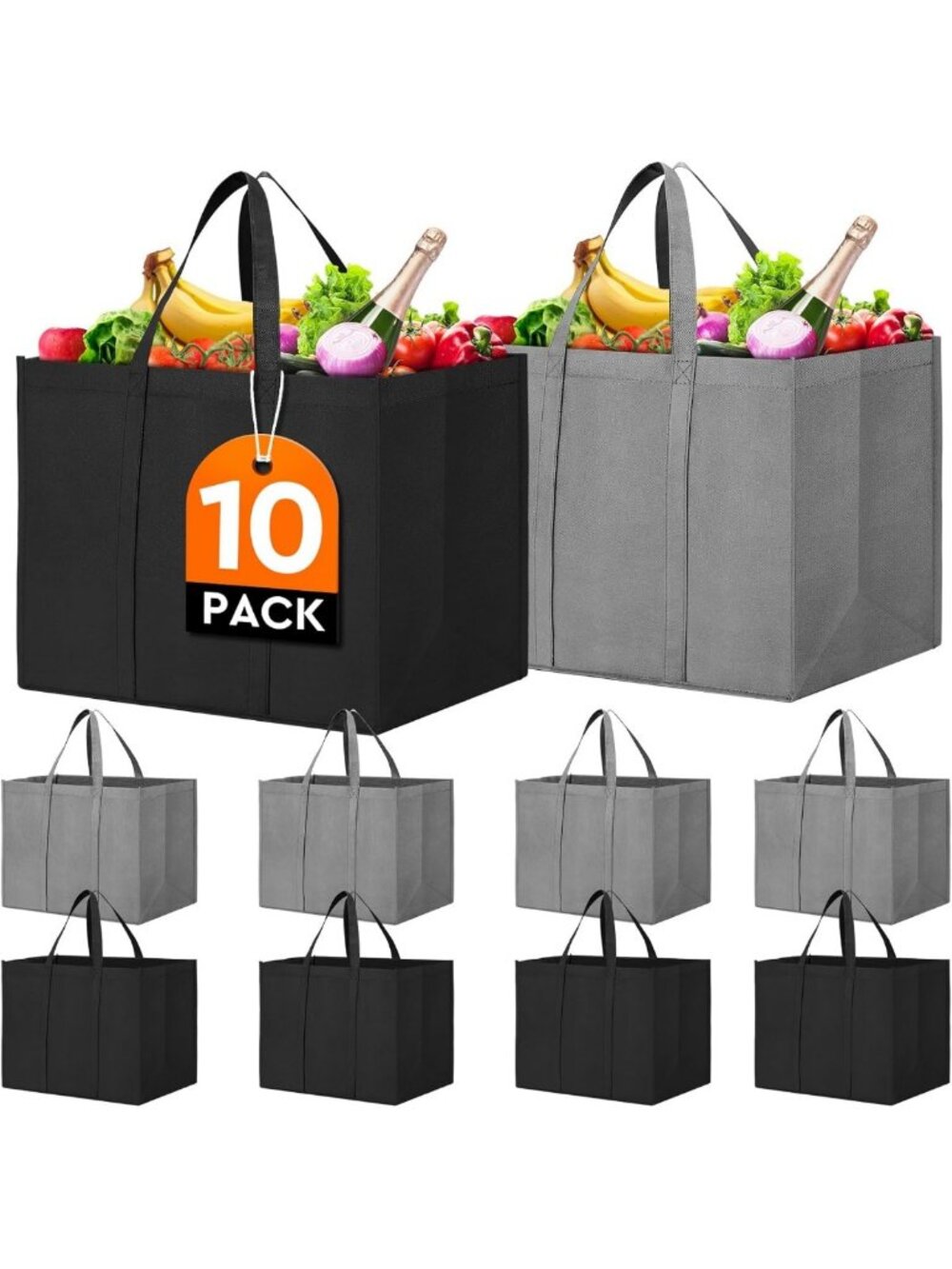 10 Pack Large Reusable Foldable Grocery Tote Bags - Eco-Friendly Shopping Bags